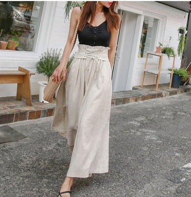 Lace - up high waist wide leg pants trousers - CasualFlowshop