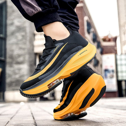 Black and yellow running shoes on a blurred urban background