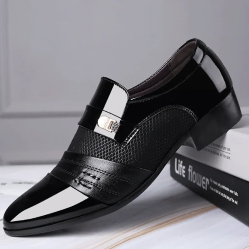 Black Luxury Leather Men's Shoes with a silver buckle on a white surface