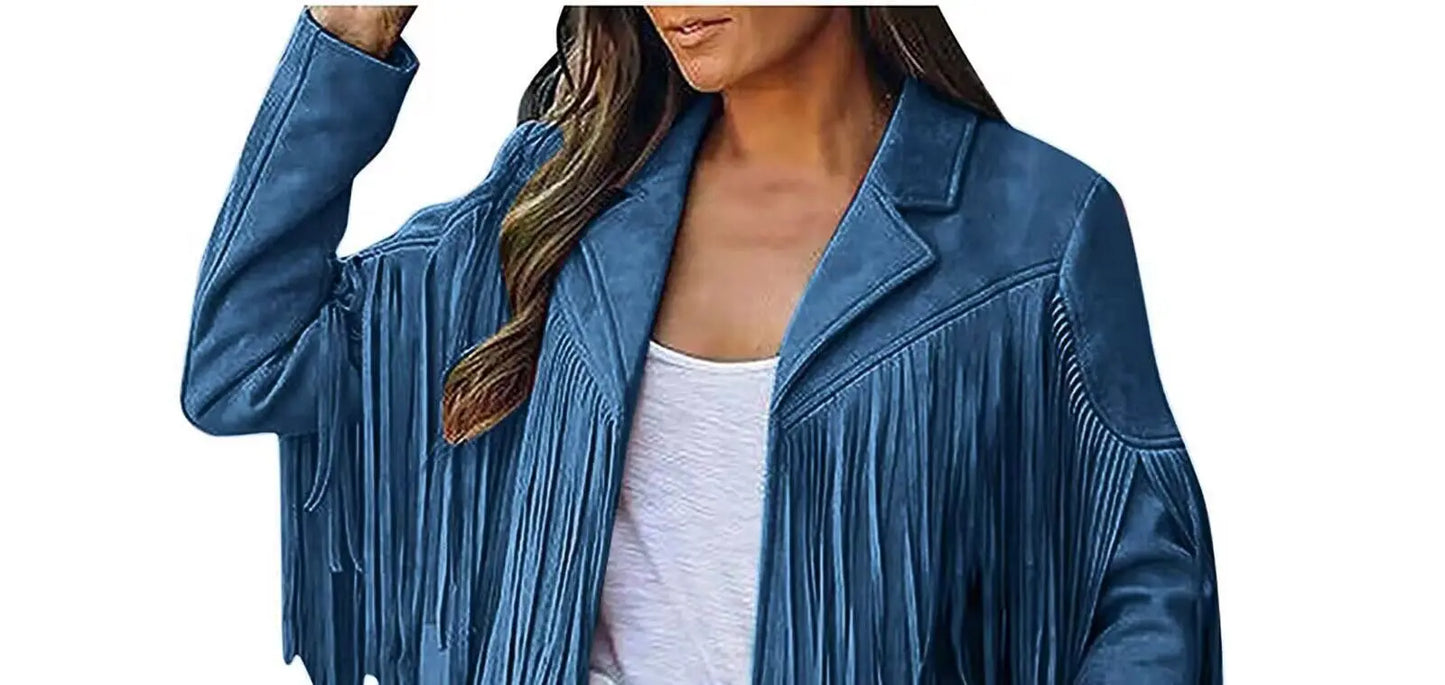 Blue suede jacket with fringe details on a white background