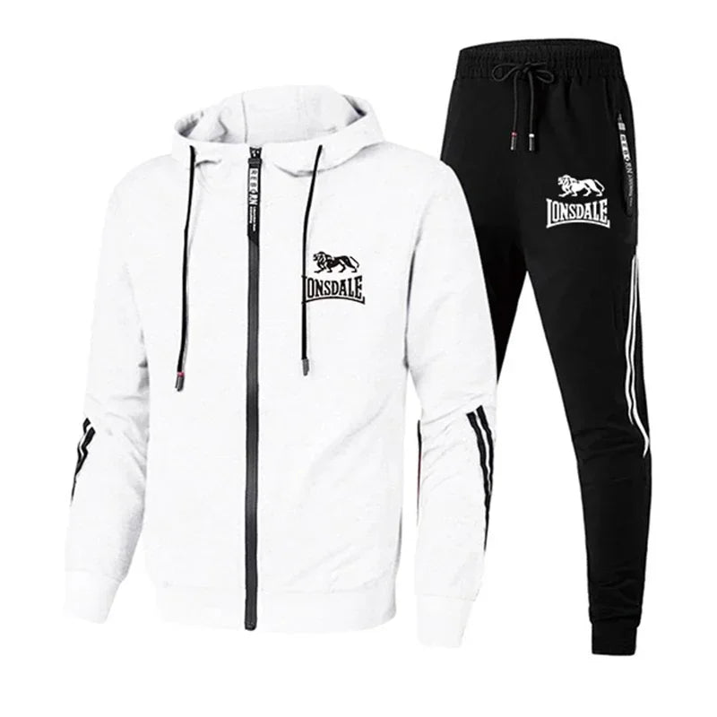 White hoodie and black tracksuit with Lonsdale logo on a white background