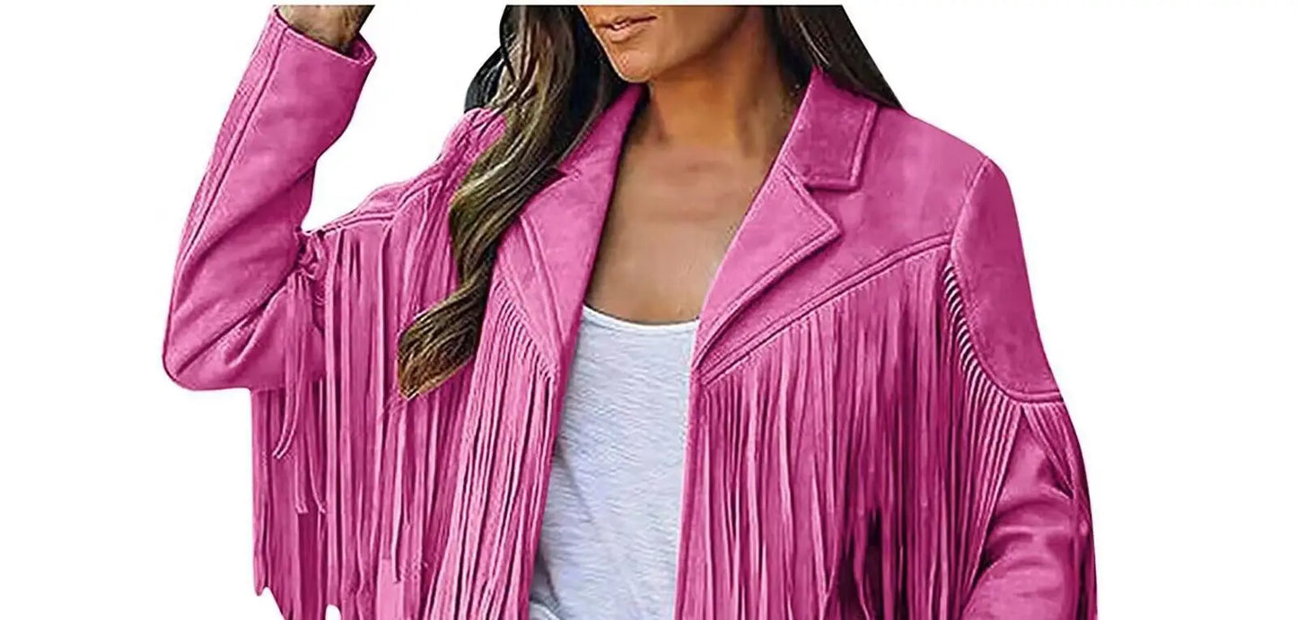 Pink fringe jacket worn by a person on a white background