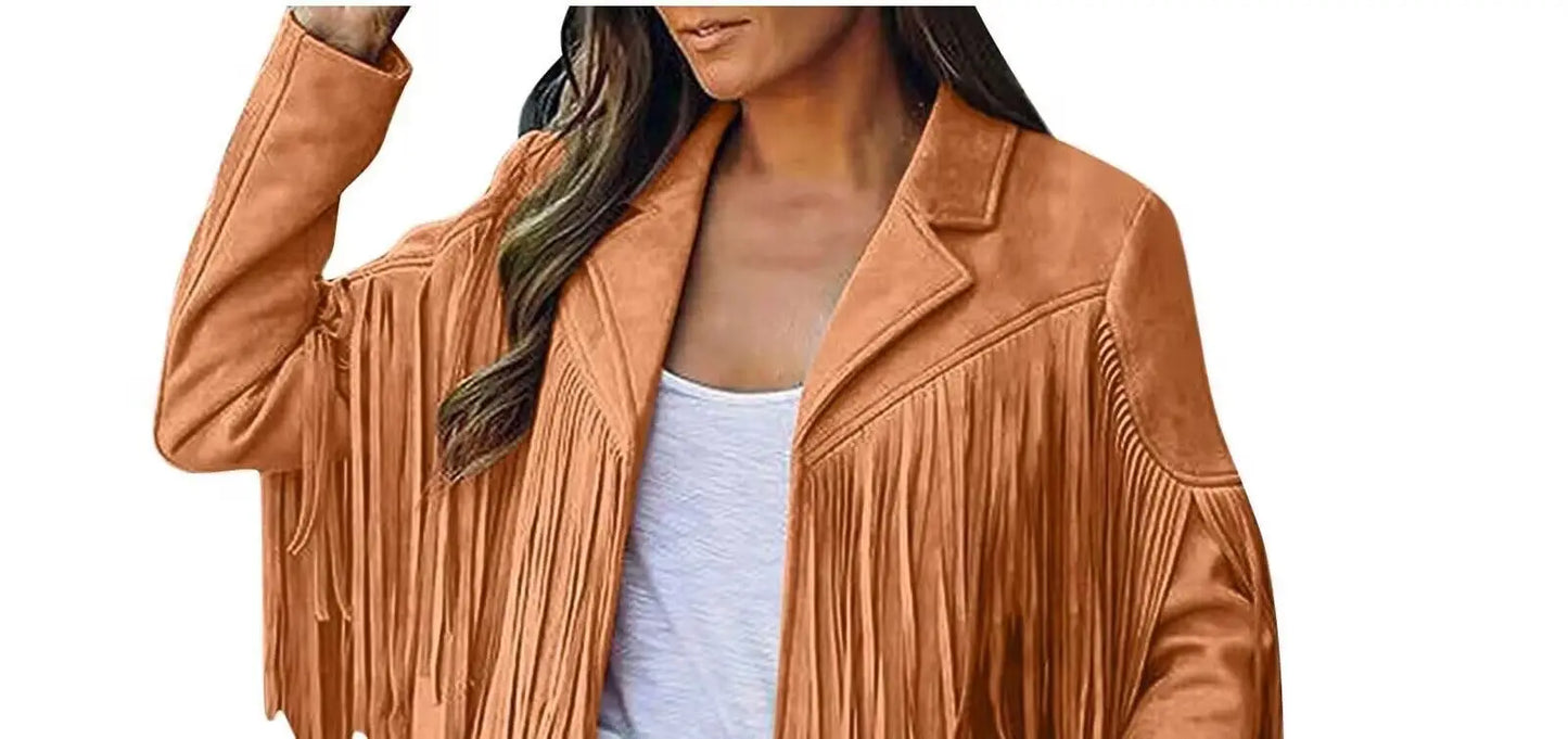 Tan fringe jacket worn by a person on a white background