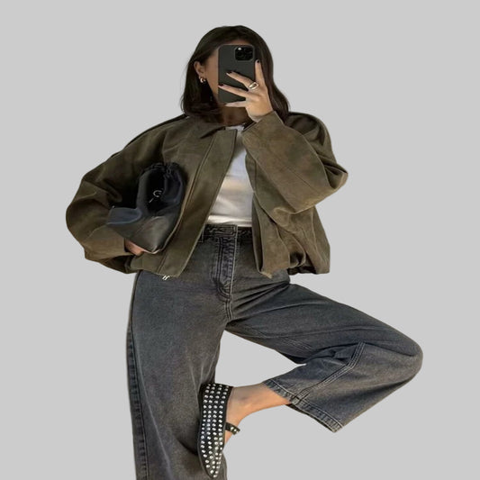 Womenβs Oversized Suede Bomber β Trendy Green Jacket for Autumn & Winter - CasualFlowshop