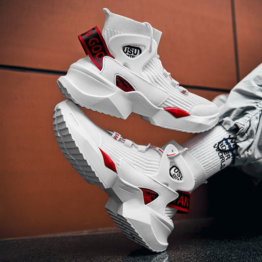 Menβs Streetwear Sock Sneakers β White & Red High - Tops - CasualFlowshop