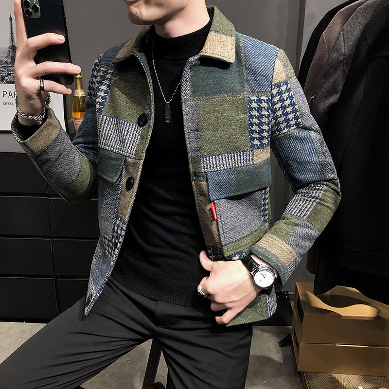 A man with a long-sleeved shirt and pants. Hand-sewn jacket for men at casualflowshop