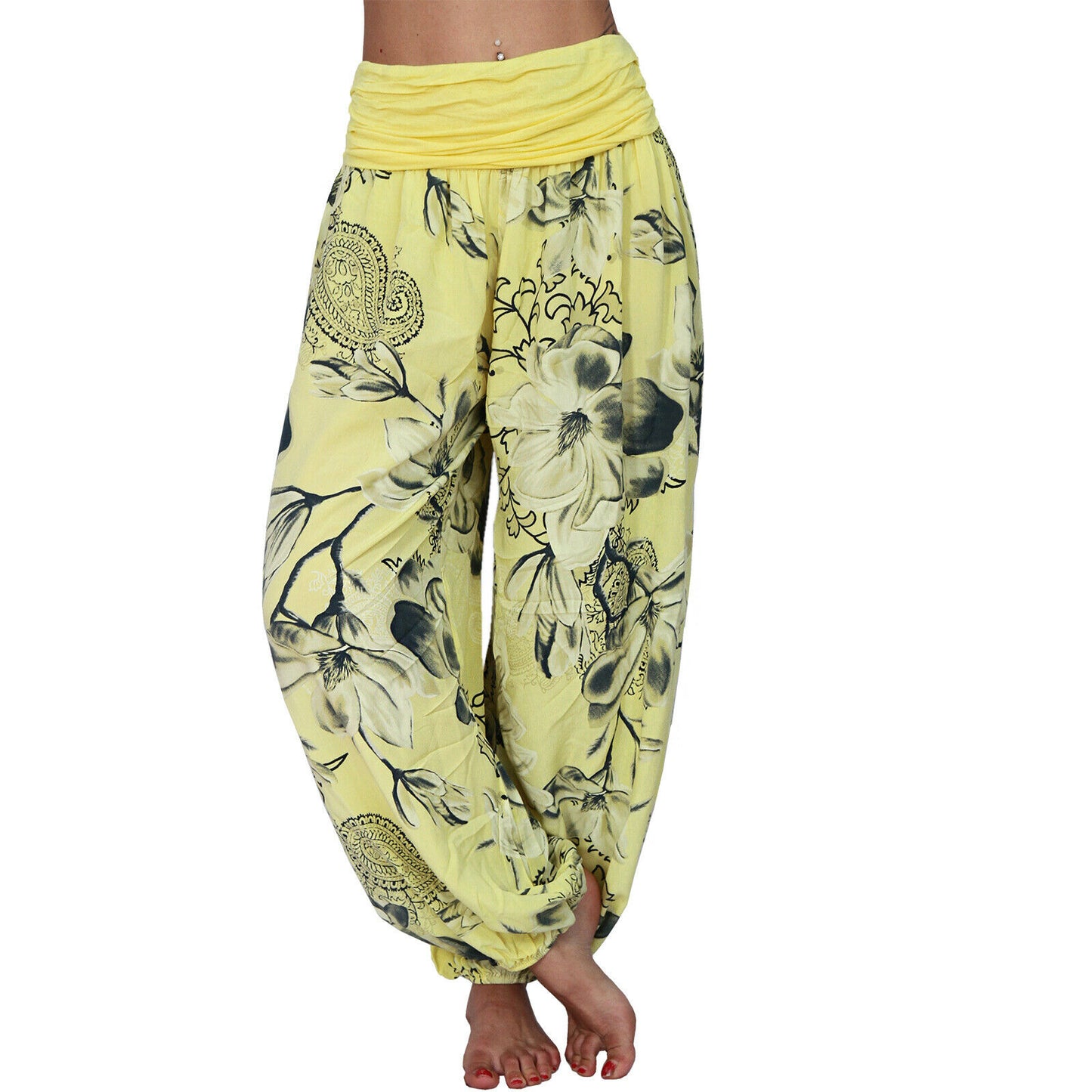 CasualFlowshop Floral Harem Pants - Boho Vibes with Fold - Over Waist - CasualFlowshop