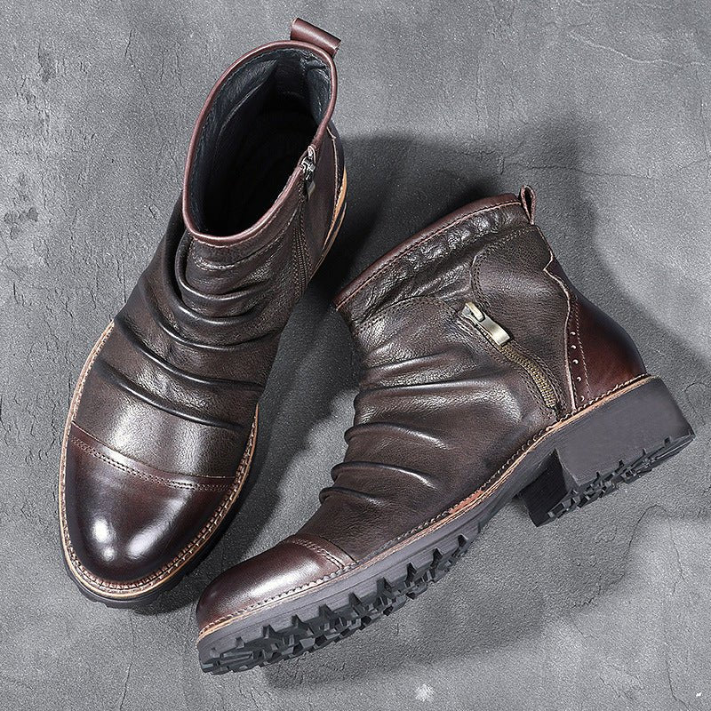 Cowboy Leather Martin Boots - Mid Heel, Side Zipper - CasualFlowshop
