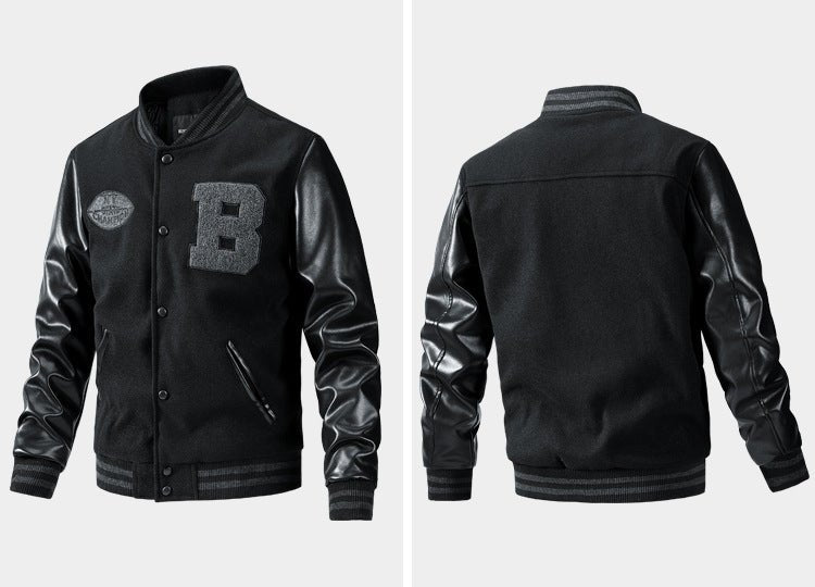 American Baseball Jacket with casual embroidery stitching, ribbed cuffs, and classic design in multiple colors.