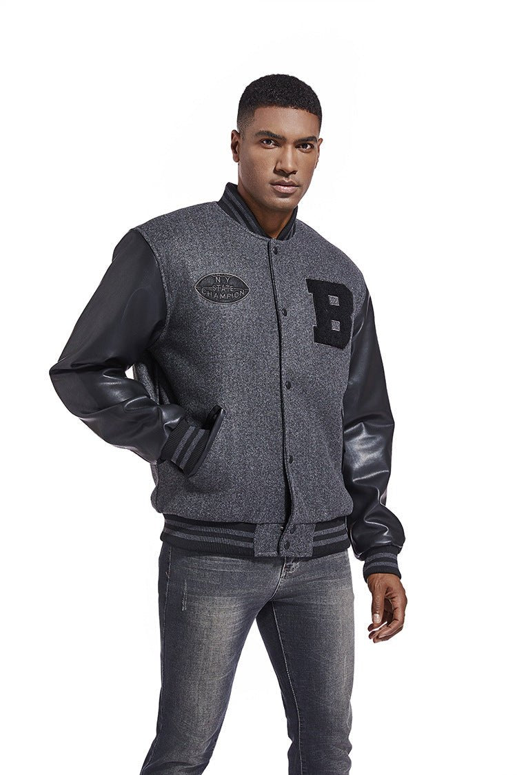 American Baseball Jacket with casual embroidery stitching, ribbed cuffs, and classic design in multiple colors.