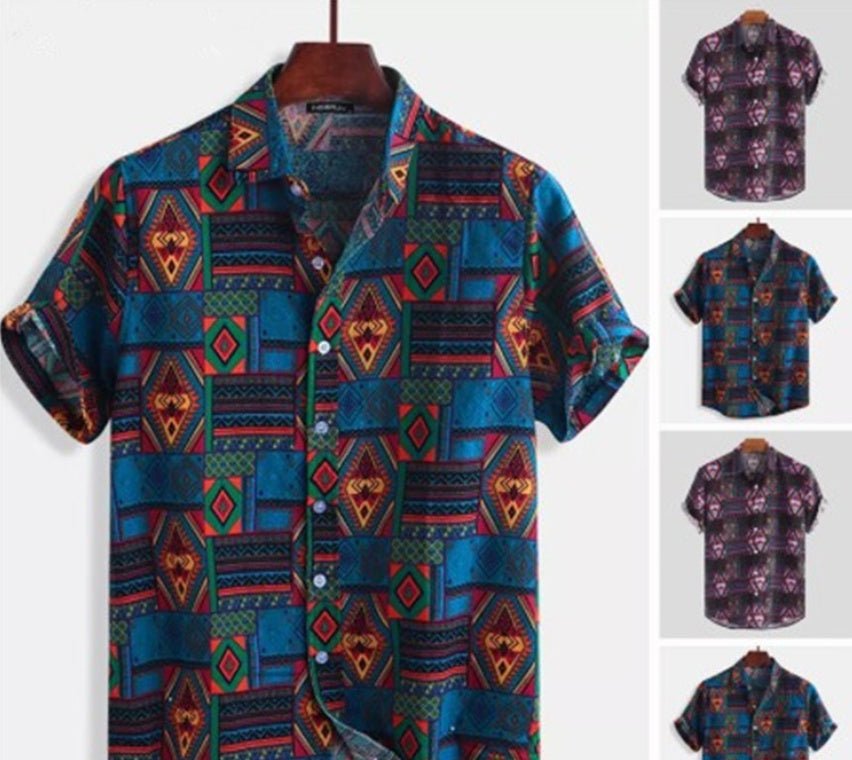 Men’s Printed Beach Shirt – Cotton Short Sleeve with Lapel Collar - CasualFlowshop