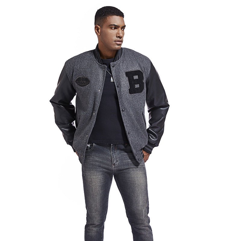 American Baseball Jacket with casual embroidery stitching, ribbed cuffs, and classic design in multiple colors.