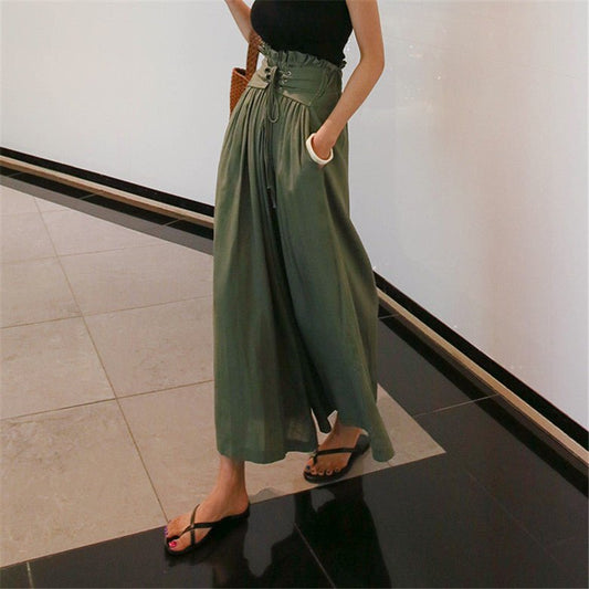 Lace - up high waist wide leg pants trousers - CasualFlowshop