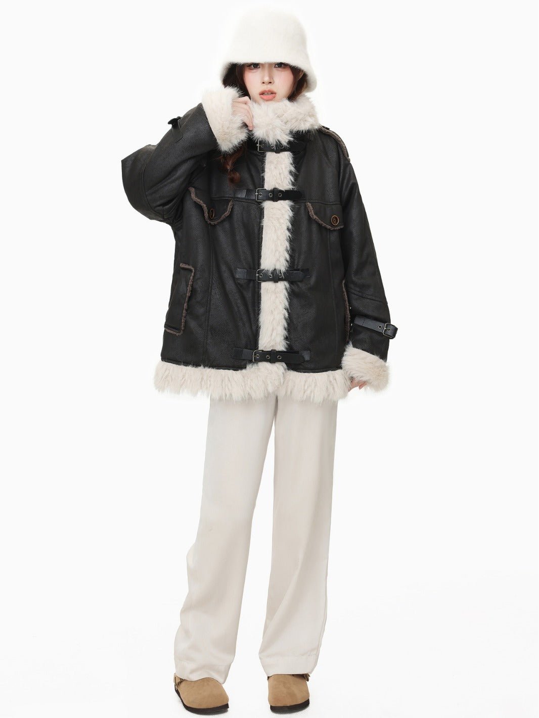 Elegant Women's Shearling Leather and Wool Coat with cozy shearling lining, tailored fit, and premium materials for winter