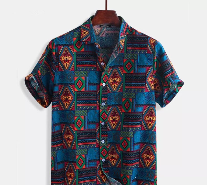 Men’s Printed Beach Shirt – Cotton Short Sleeve with Lapel Collar - CasualFlowshop