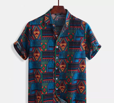 Men’s Printed Beach Shirt – Cotton Short Sleeve with Lapel Collar
