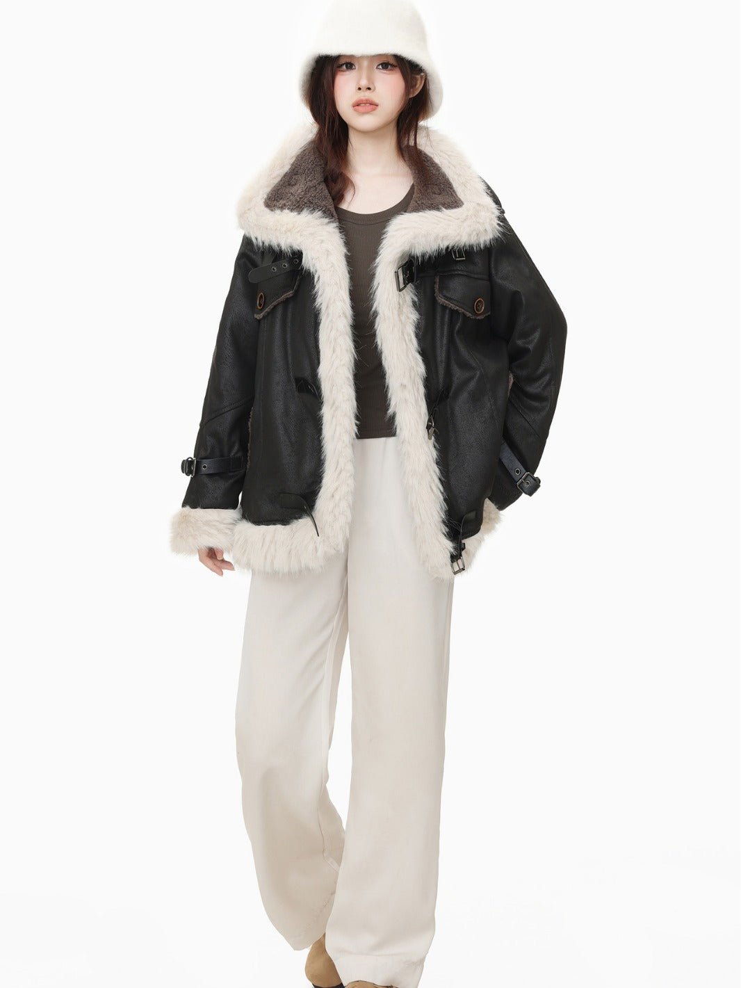 Elegant Women's Shearling Leather and Wool Coat with cozy shearling lining, tailored fit, and premium materials for winter
