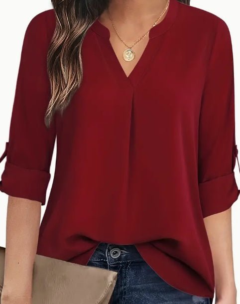 Chic V - Neck Blouse – Elegant Casual Long Sleeve Top for Women - CasualFlowshop