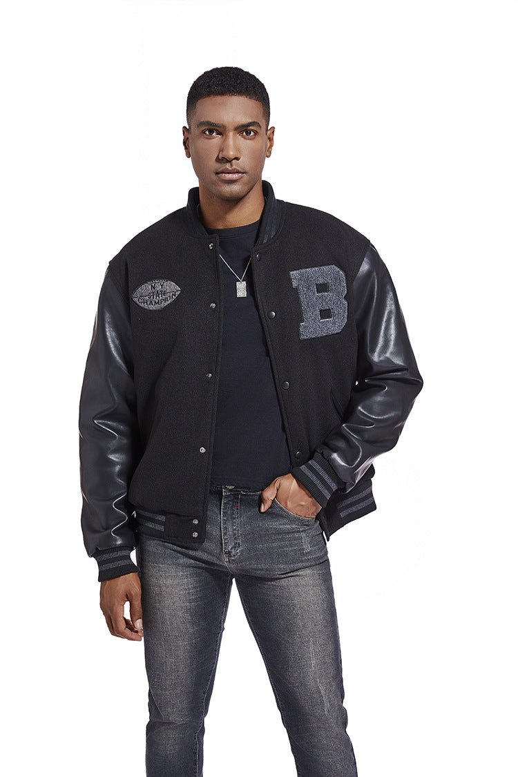 American Baseball Jacket with casual embroidery stitching, ribbed cuffs, and classic design in multiple colors.