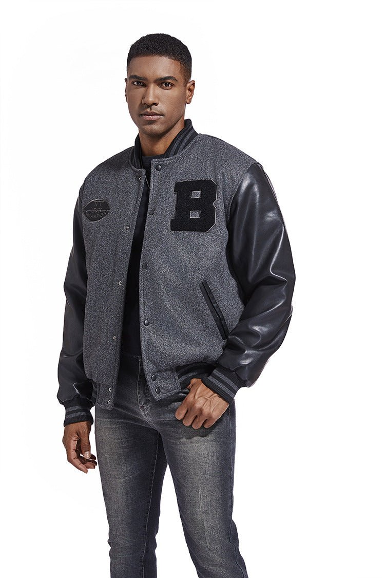 American Baseball Jacket with casual embroidery stitching, ribbed cuffs, and classic design in multiple colors.