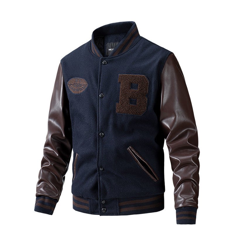 American Baseball Jacket with casual embroidery stitching, ribbed cuffs, and classic design in multiple colors.