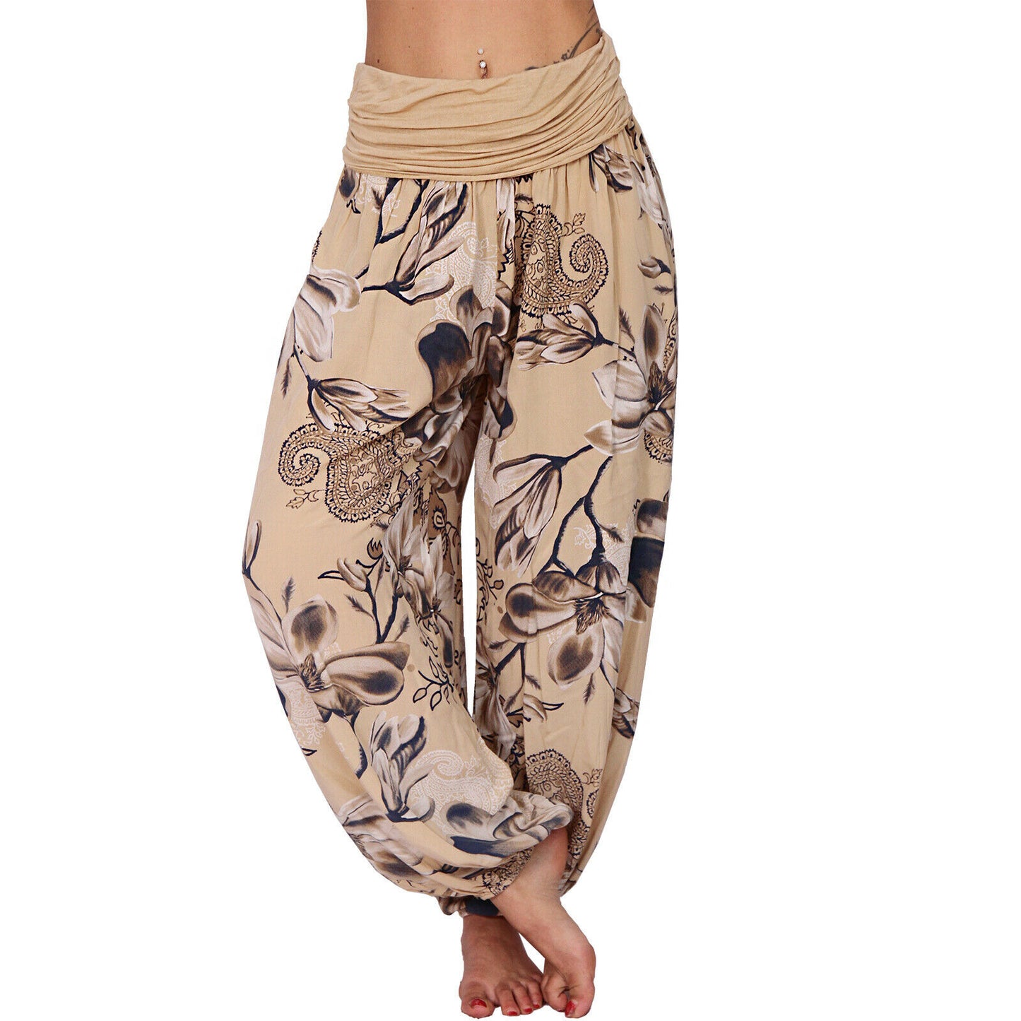 CasualFlowshop Floral Harem Pants - Boho Vibes with Fold - Over Waist - CasualFlowshop