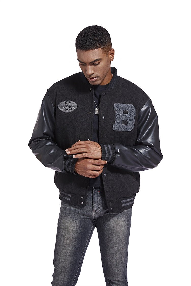 American Baseball Jacket with casual embroidery stitching, ribbed cuffs, and classic design in multiple colors.