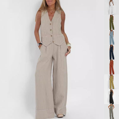 Conjunto de chaleco de verano con cuello en V y pantalones holgados para mujer