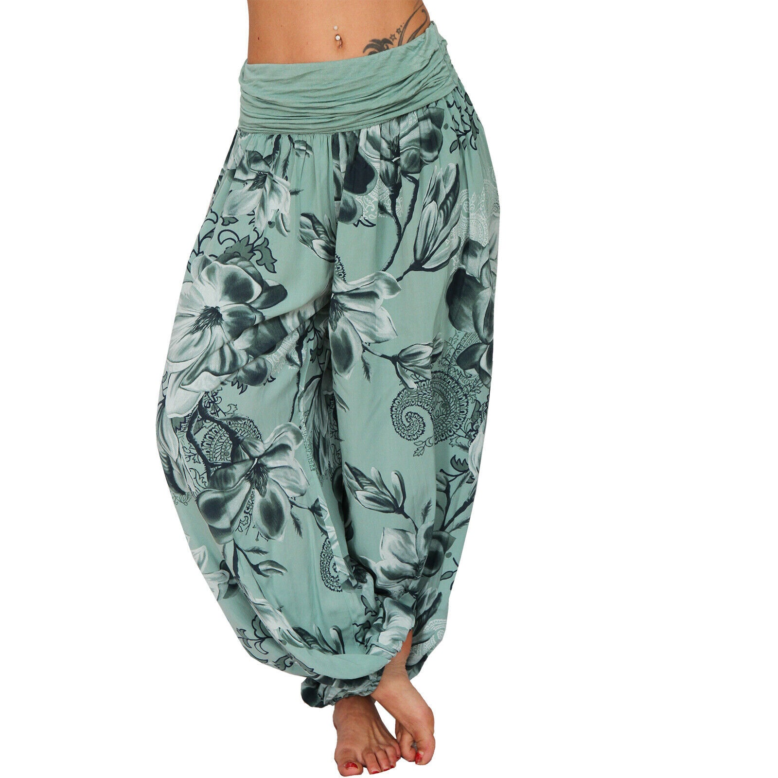 CasualFlowshop Floral Harem Pants - Boho Vibes with Fold - Over Waist - CasualFlowshop