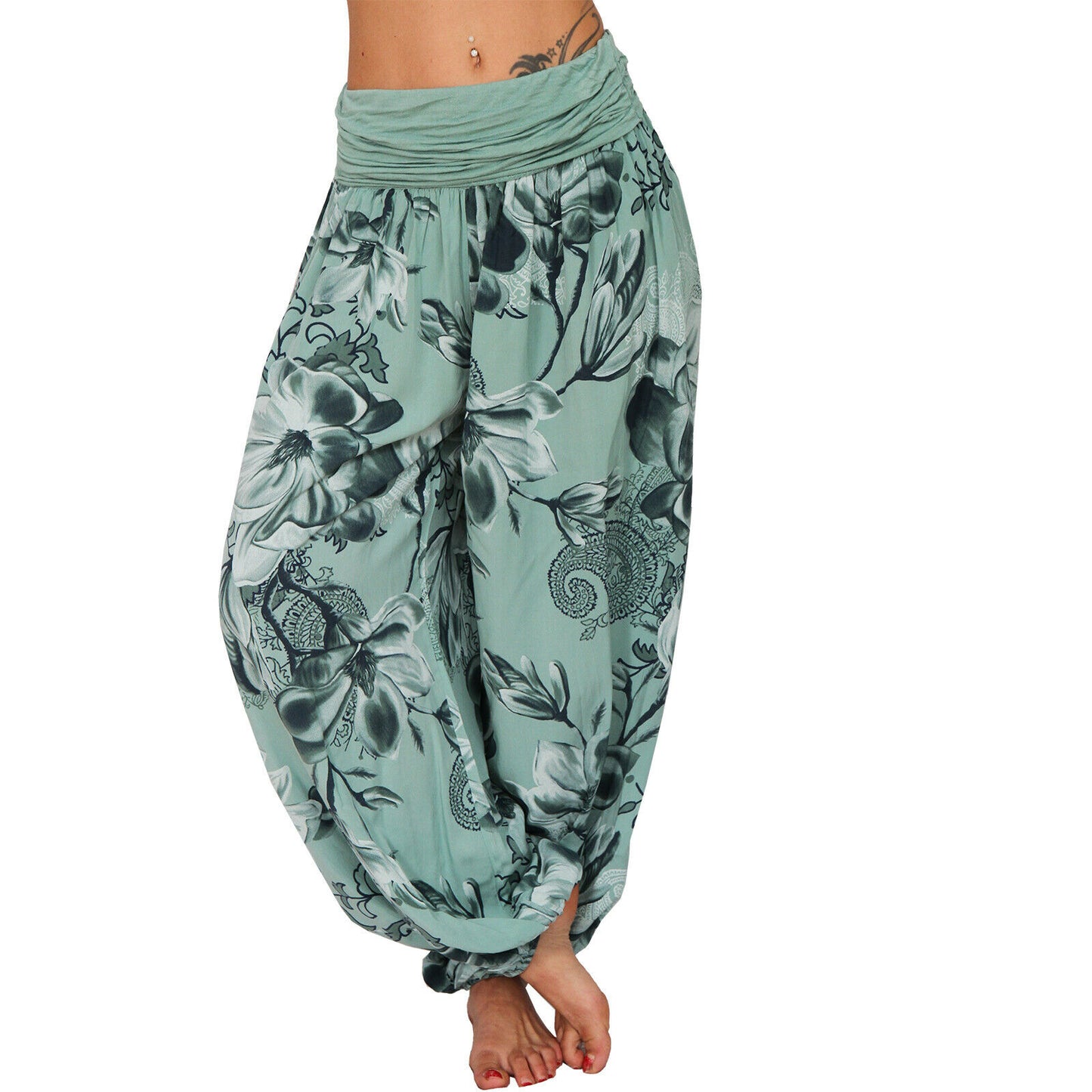 CasualFlowshop Floral Harem Pants - Boho Vibes with Fold - Over Waist - CasualFlowshop