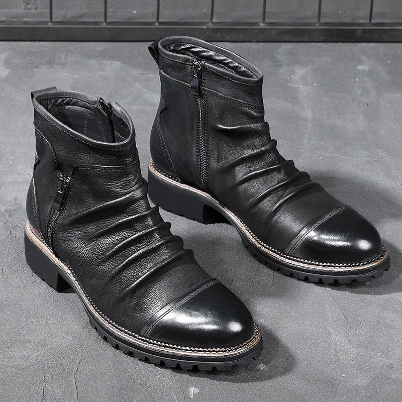 Cowboy Leather Martin Boots - Mid Heel, Side Zipper - CasualFlowshop