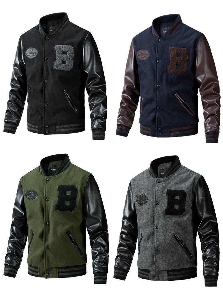 American Baseball Jacket with casual embroidery stitching, ribbed cuffs, and classic design in multiple colors.