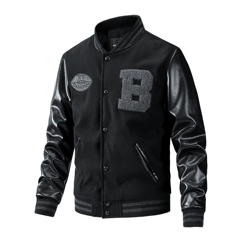 American Baseball Jacket with casual embroidery stitching, ribbed cuffs, and classic design in multiple colors.