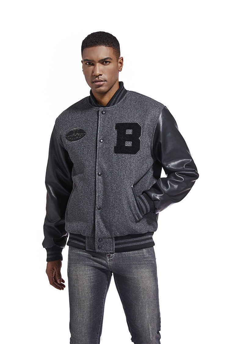 American Baseball Jacket with casual embroidery stitching, ribbed cuffs, and classic design in multiple colors.