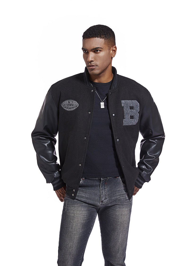 American Baseball Jacket with casual embroidery stitching, ribbed cuffs, and classic design in multiple colors.