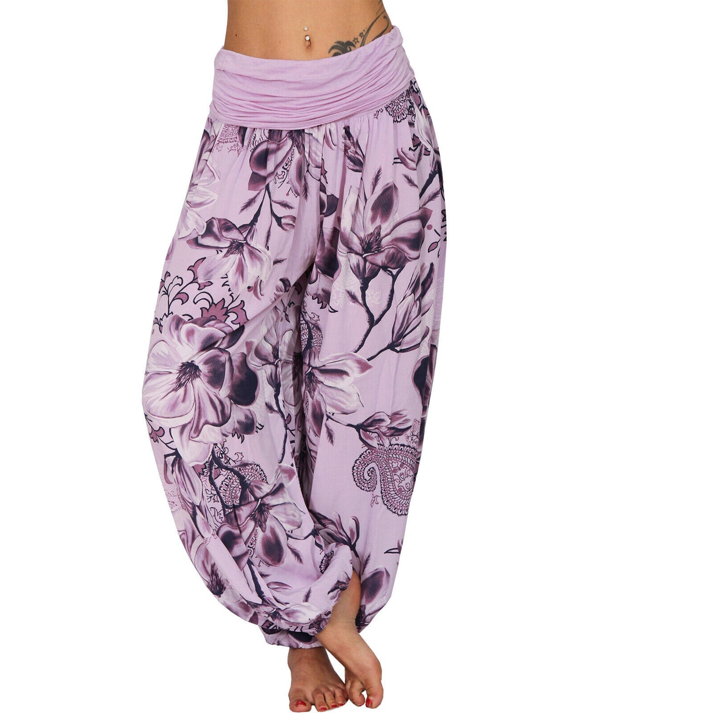 CasualFlowshop Floral Harem Pants - Boho Vibes with Fold - Over Waist - CasualFlowshop