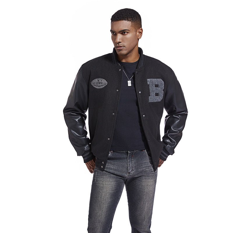 American Baseball Jacket with casual embroidery stitching, ribbed cuffs, and classic design in multiple colors.