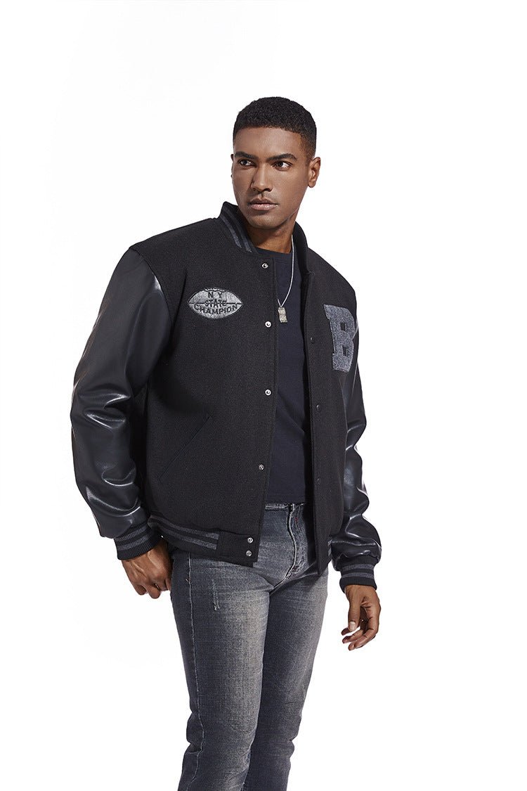 American Baseball Jacket with casual embroidery stitching, ribbed cuffs, and classic design in multiple colors.