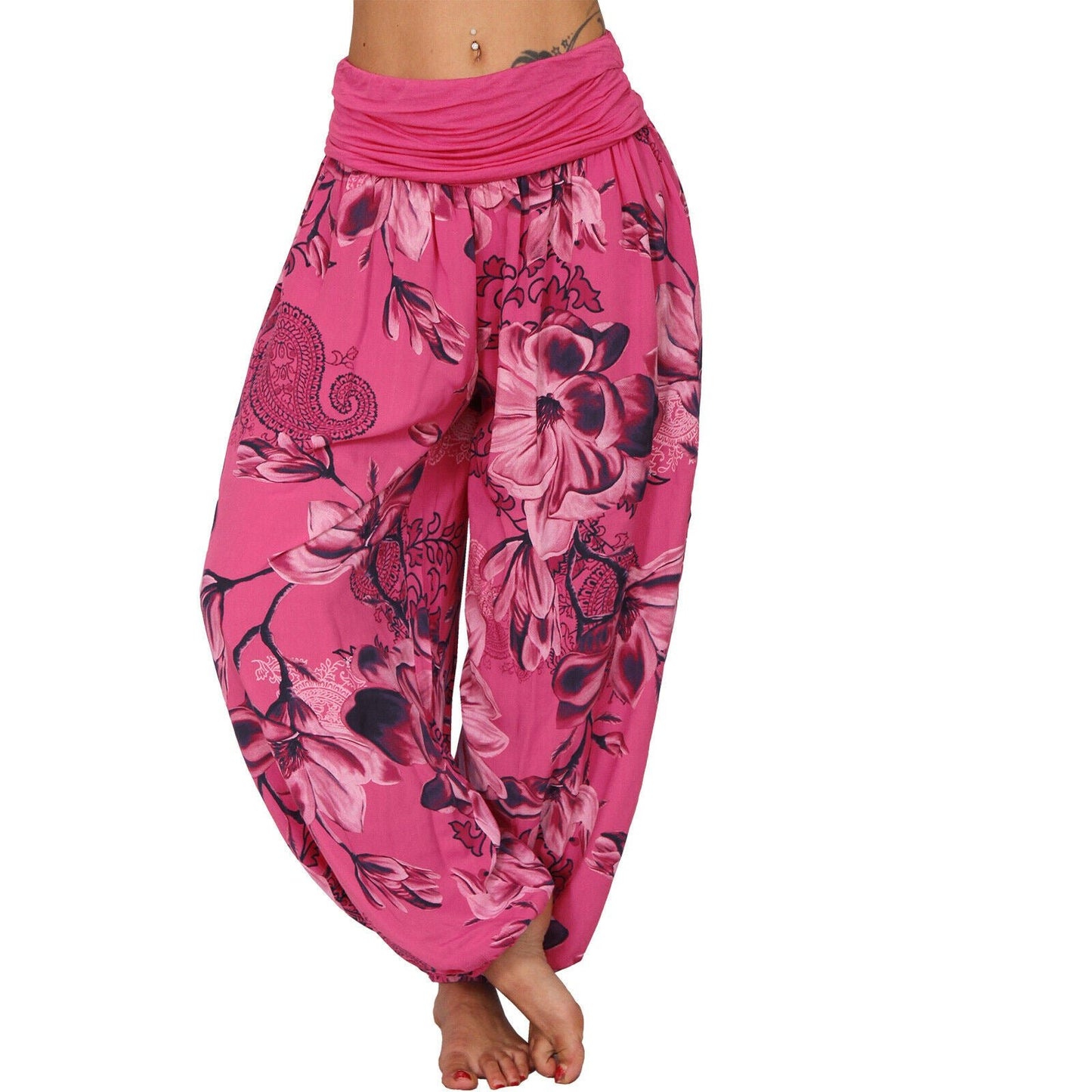 CasualFlowshop Floral Harem Pants - Boho Vibes with Fold - Over Waist - CasualFlowshop