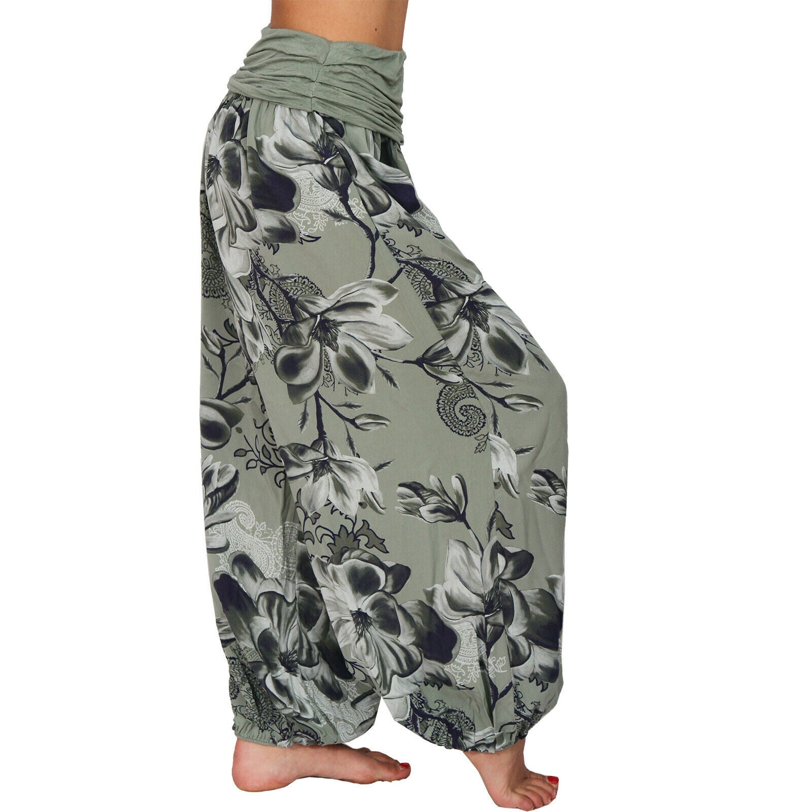 CasualFlowshop Floral Harem Pants - Boho Vibes with Fold - Over Waist - CasualFlowshop
