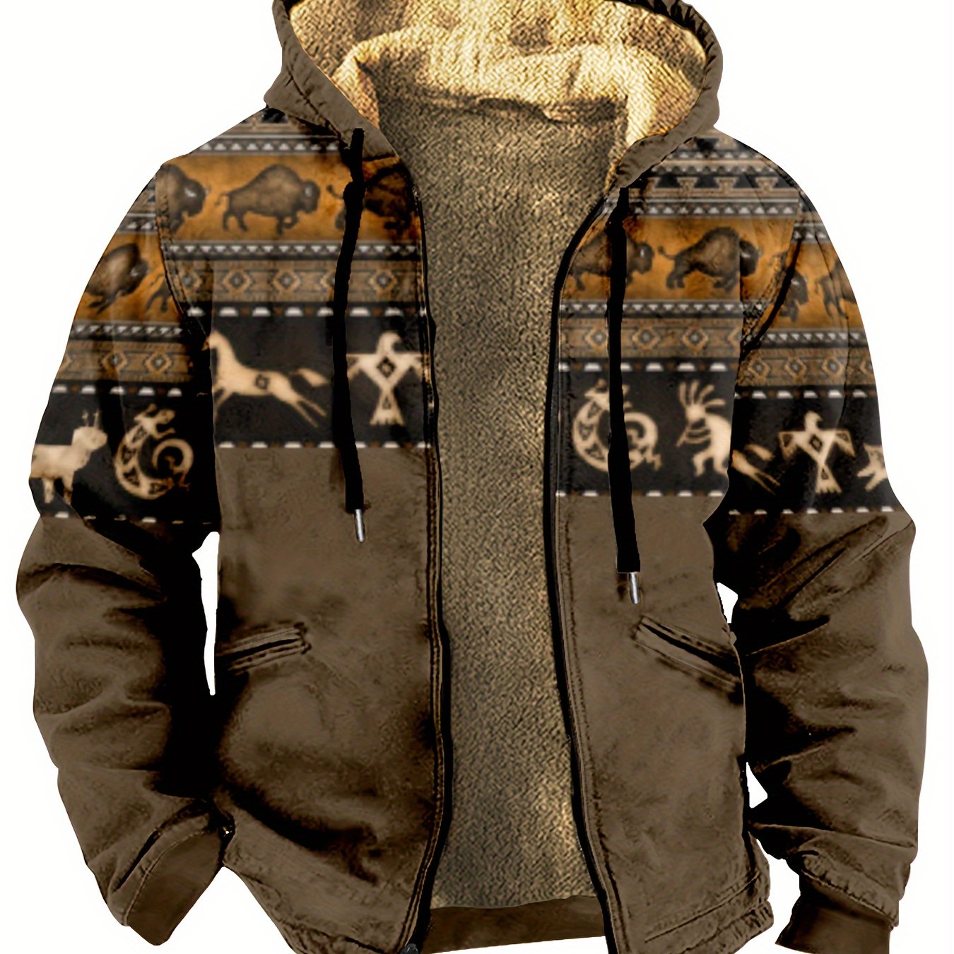 Men's Random Print Hooded Polyester Coat for Fall & Winter (Item ID: XG31763) - Art in Attire, Men's Coats-CasualFlowshop 
