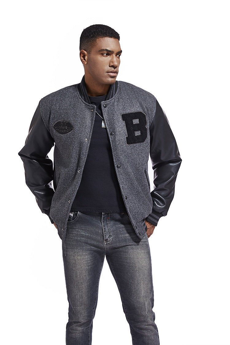 American Baseball Jacket with casual embroidery stitching, ribbed cuffs, and classic design in multiple colors.