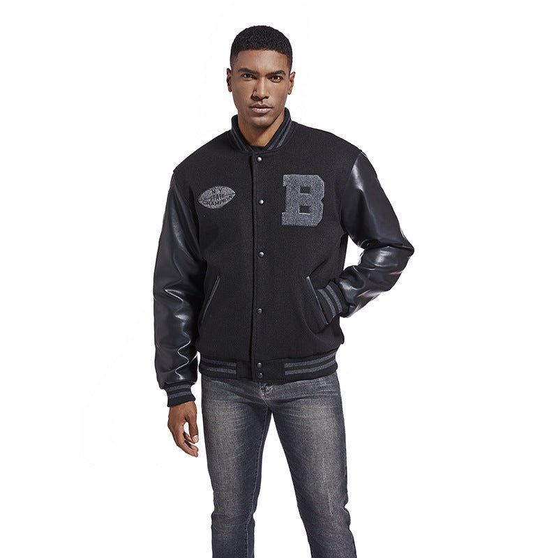 American Baseball Jacket with casual embroidery stitching, ribbed cuffs, and classic design in multiple colors.