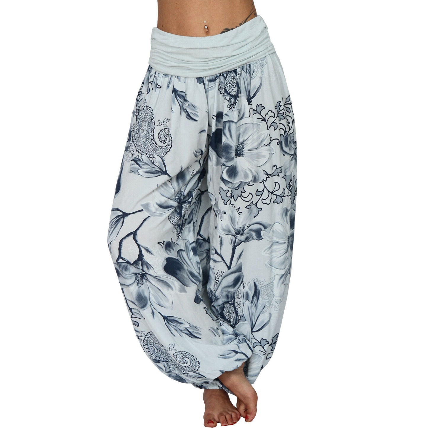 CasualFlowshop Floral Harem Pants - Boho Vibes with Fold - Over Waist - CasualFlowshop