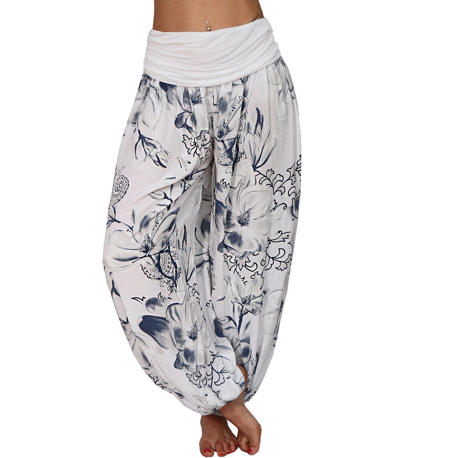 CasualFlowshop Floral Harem Pants - Boho Vibes with Fold - Over Waist - CasualFlowshop