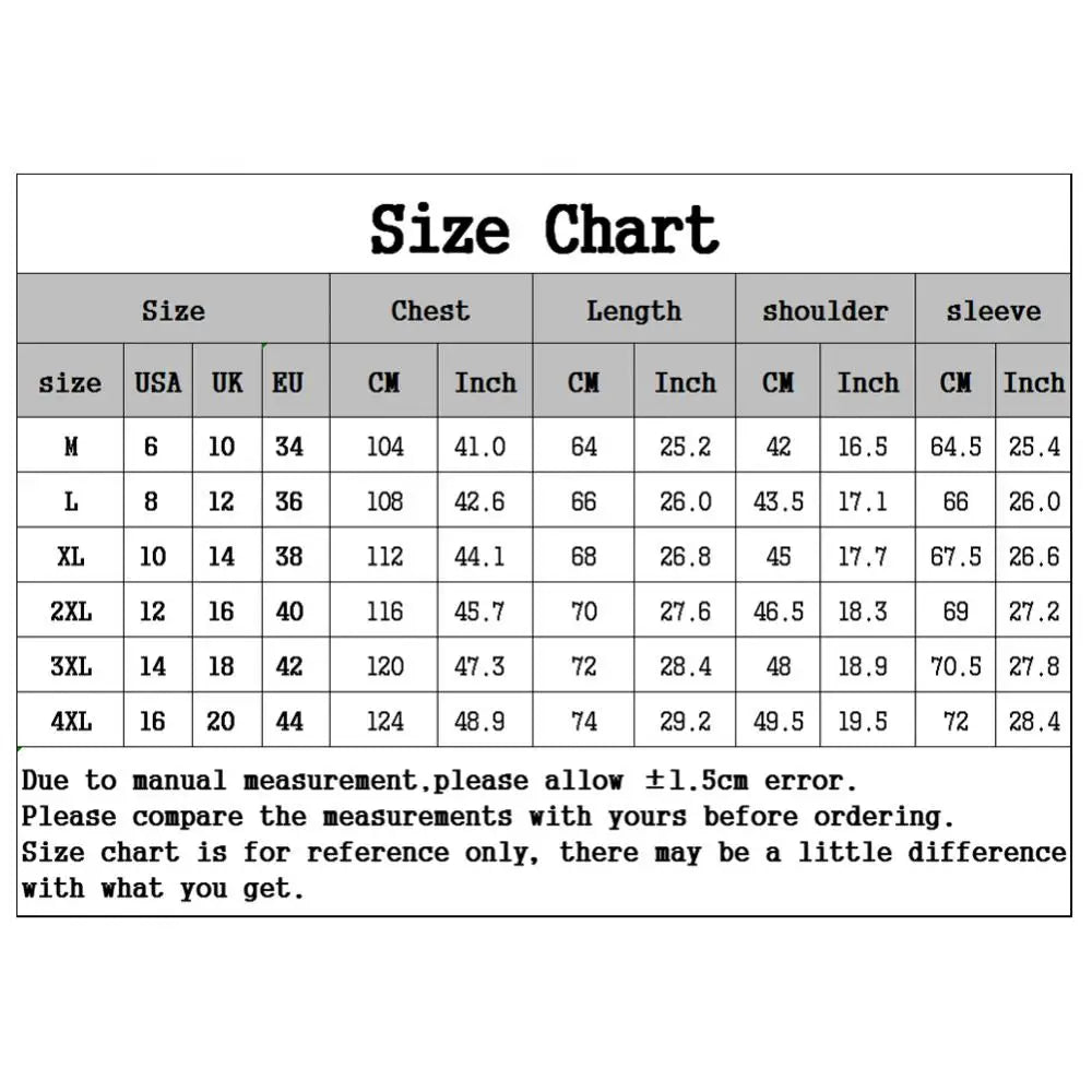 Size Chart of the Men's Slim Fit Casual Jacket with a zipper closure and side pockets - Casualflowshop 