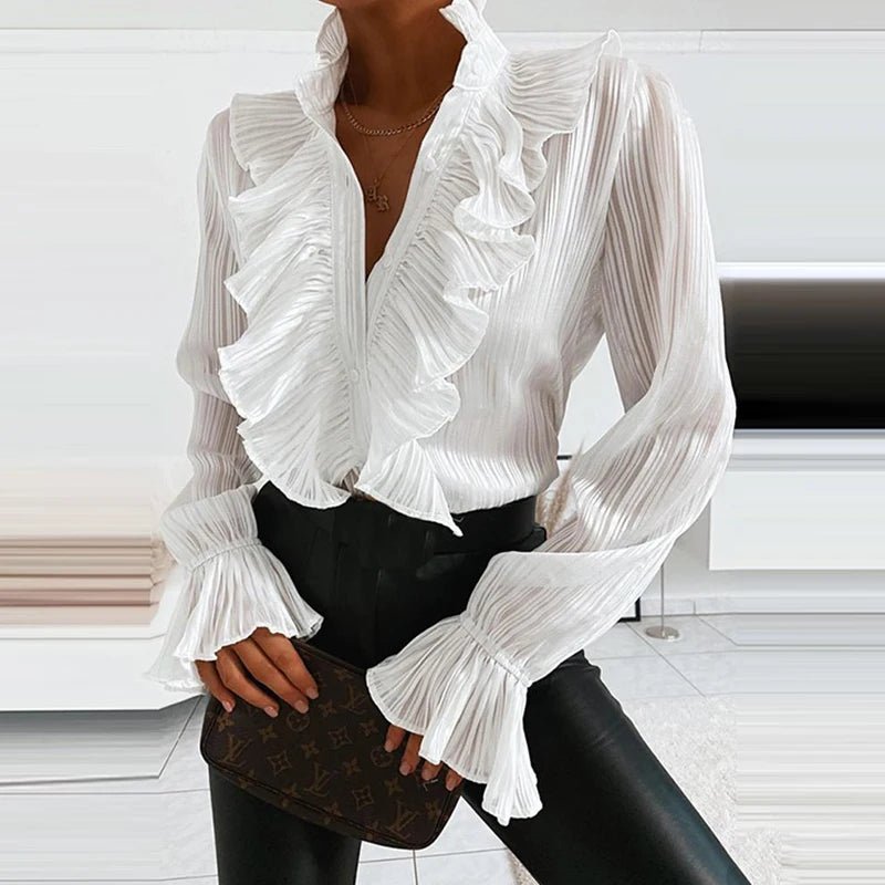 Ruffled Long Sleeve Button Shirt Blouse - Casualflowshop