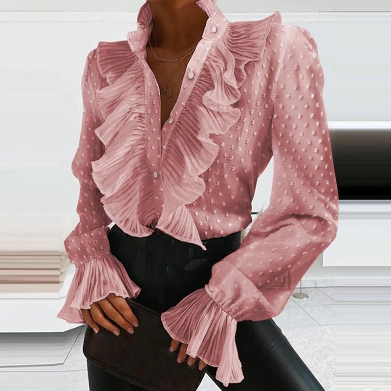 Ruffled Long Sleeve Button Shirt Blouse - Casualflowshop