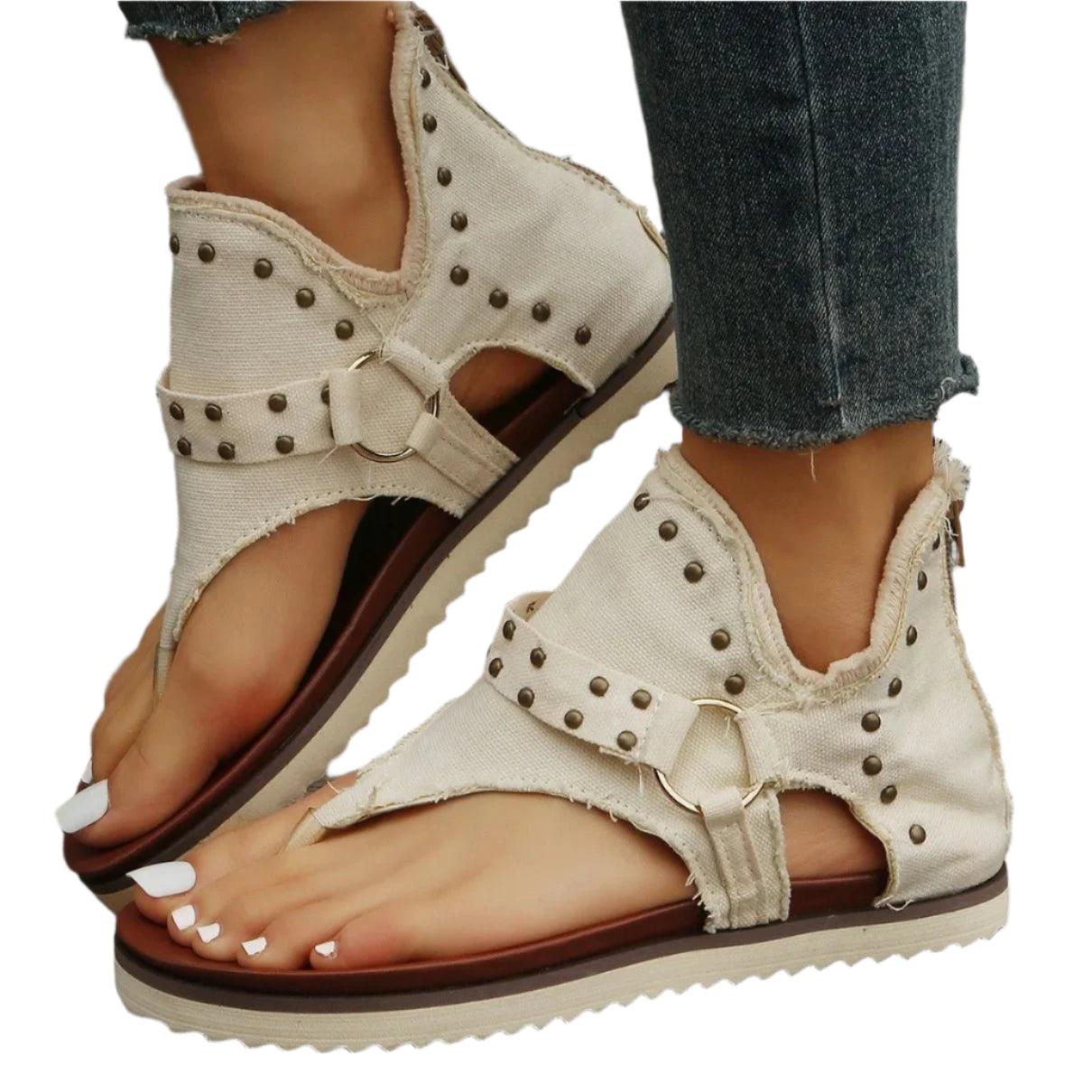 Women's Casual Sandals – Cow Print Thong Style with Stud Detail - CasualFlowshop