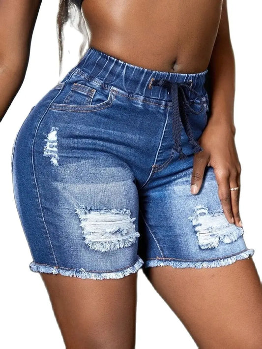 Blue ripped denim shorts for women, stylish and casual summer wear.